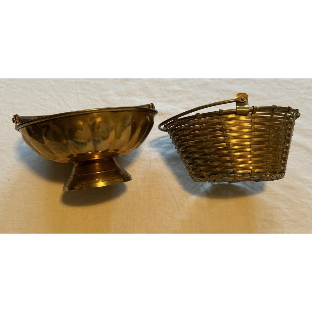 Vintage Brass‎ Wire Metal Woven Baskets W/ Movable Handle Made In India MCM mini